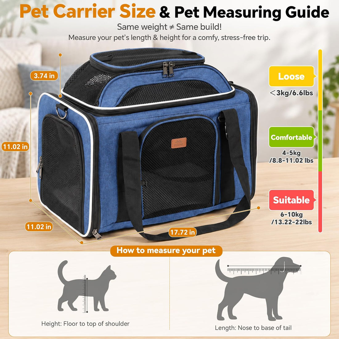 Expandable Top Pet Carrier 18x11x11 Inches, for Cats & Small Dogs