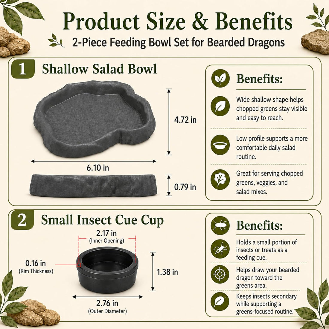 Bearded Dragon Food Bowl Set with Veggie Clips, Shallow Salad Dish