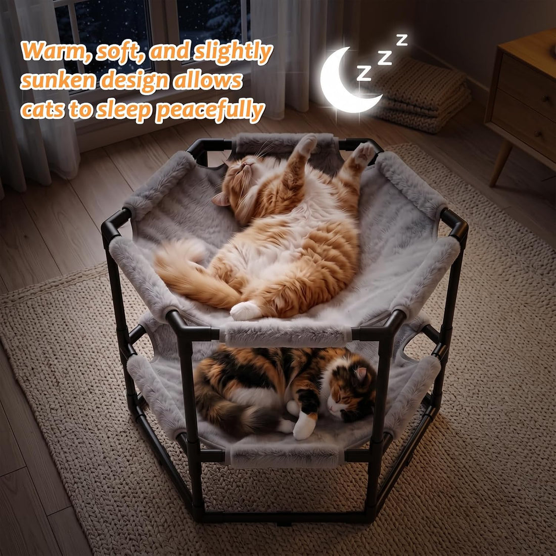 Elevated Cat Hammock Bed, Hexagon Raised Cat Bunk Bed Swing Cot Chair