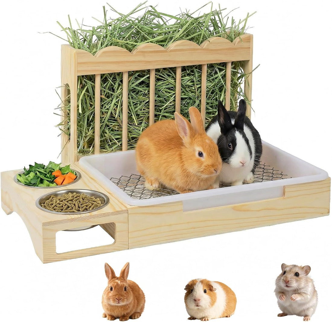 3-in-1 Wooden Rabbit Hay Feeder with Litter Box for Rabbits & Small