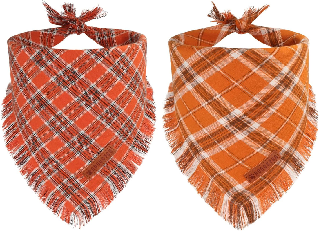 ADOGGYGO Fall Dog Bandana with Tassels Edges, Plaid Thanksgiving Scarf