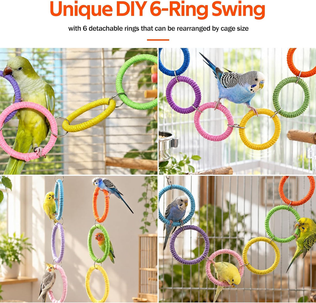 6-Ring Bird Swing Toy for Cage, Hanging Bird Rope Perch Toy