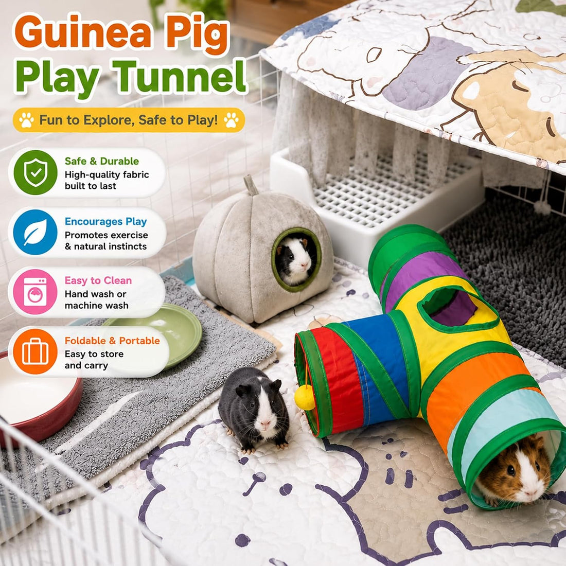 Rypet Guinea Pig Tunnel Hideout 3-Way Collapsible Small Pet Tubes