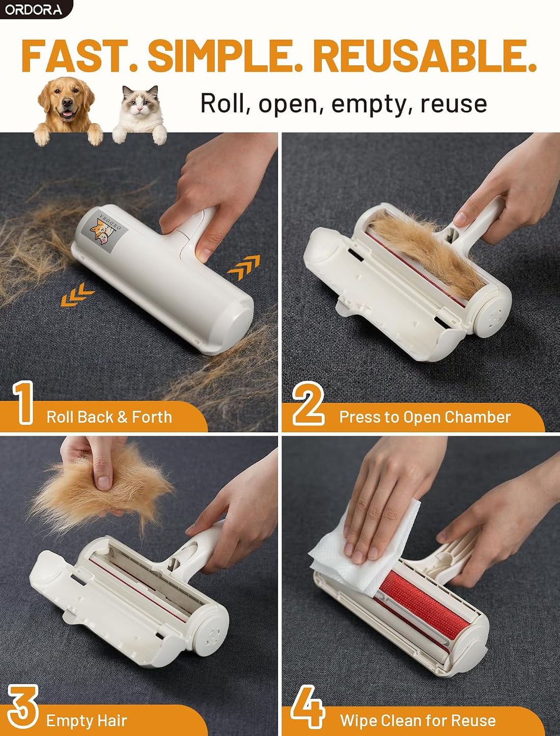 ORDORA Pet Hair Removal Tool: Reusable Lint Roller for Pet Hair