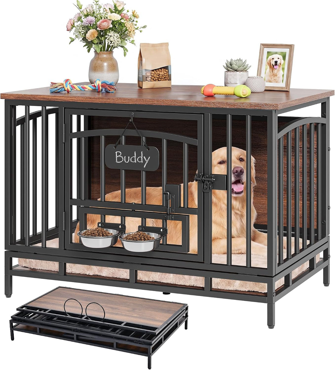 YITAHOME 41.3" Foldable Dog Crate Furniture with 360° Swivel Feeding