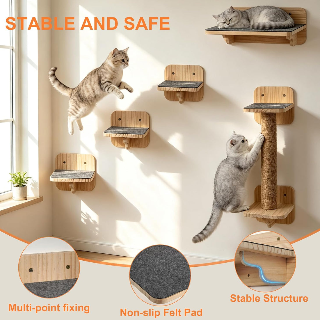 Cat Wall Shelves, Wood Cat Wall Furniture with Scratching Post