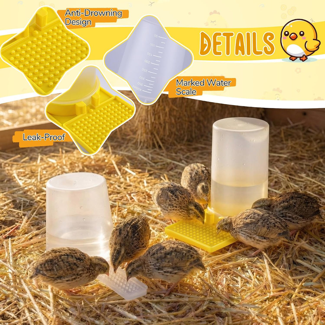 2 Pack Quail Water Feeder, Anti Drowning Design, 400ml