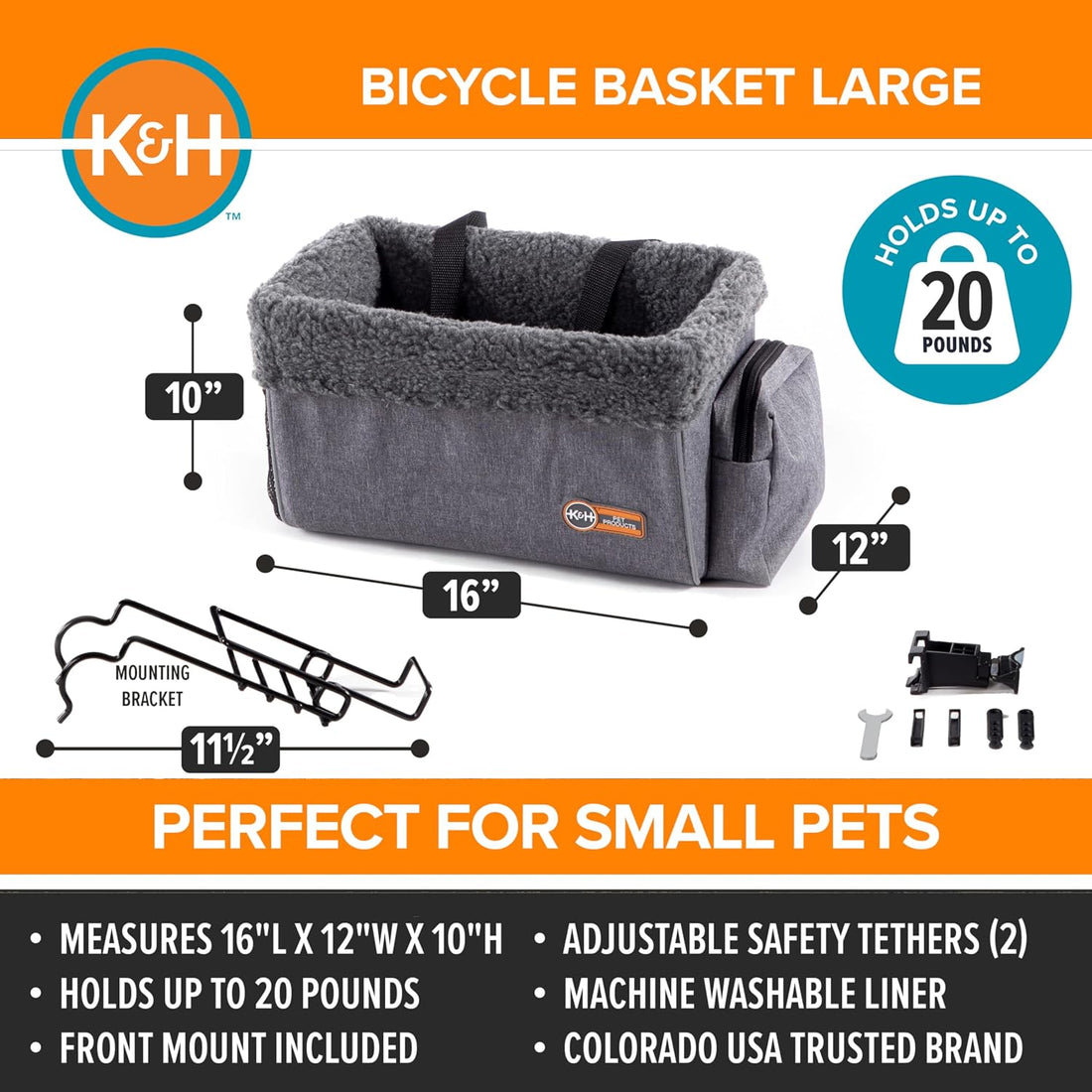 K&H Dog Bike Basket, Travel Bicycle Basket for Pets, Front Mount