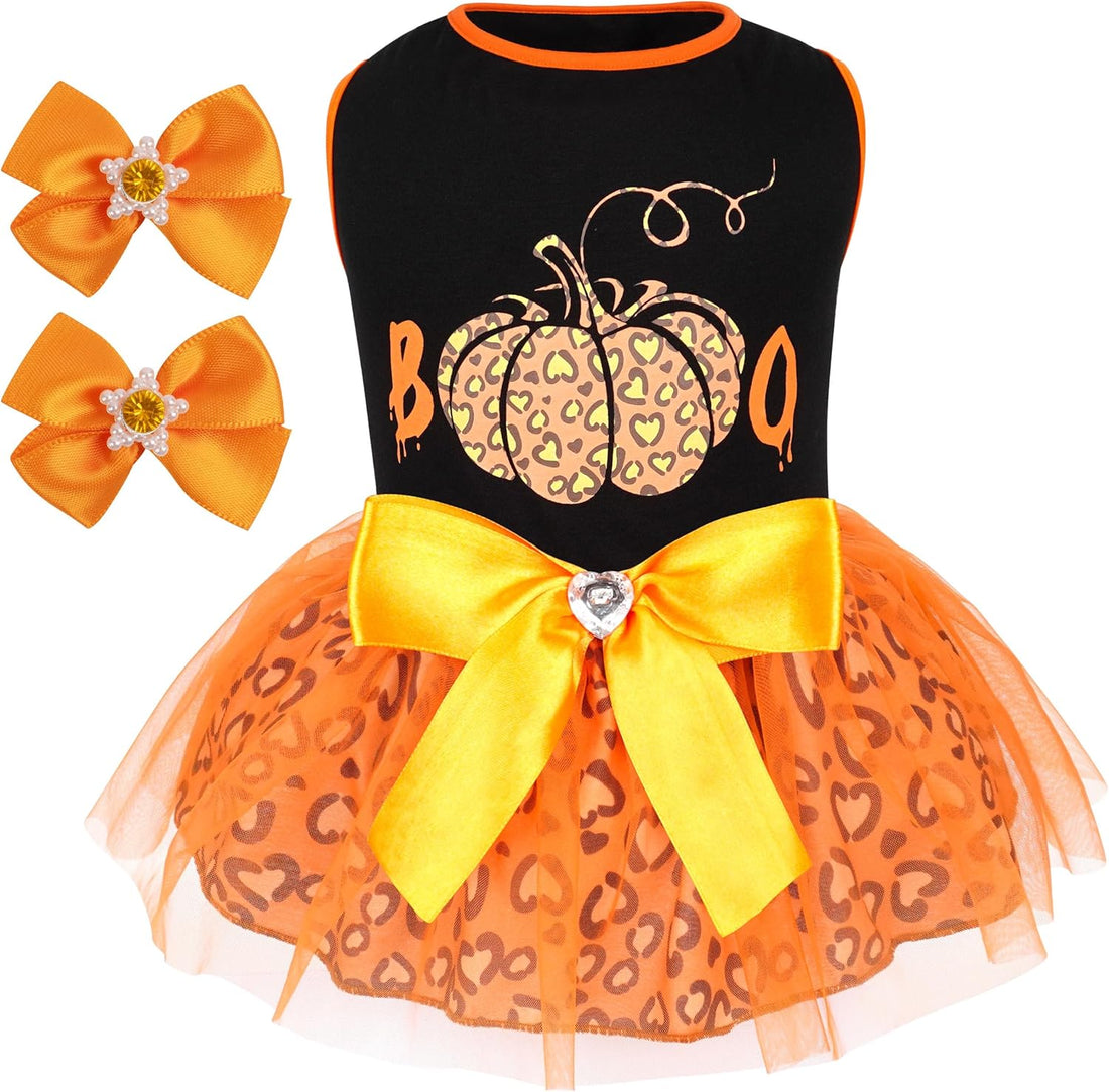 cyeollo Dog Halloween Dress, Pumpkin Print Tulle Outfit with Hair Bow