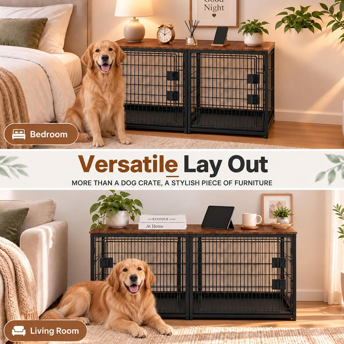 Bamboo Dog Crate Topper 42 Inch, Non-Slip Wooden Crate Table Top Shell