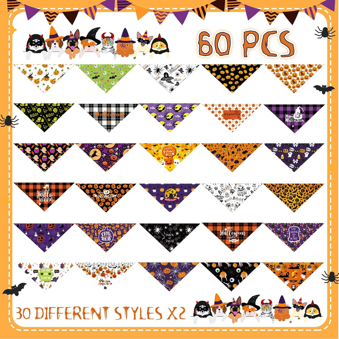 Sanwuta 60 Pcs Halloween Dog Bandanas Bulk Pet Bibs Scarf
