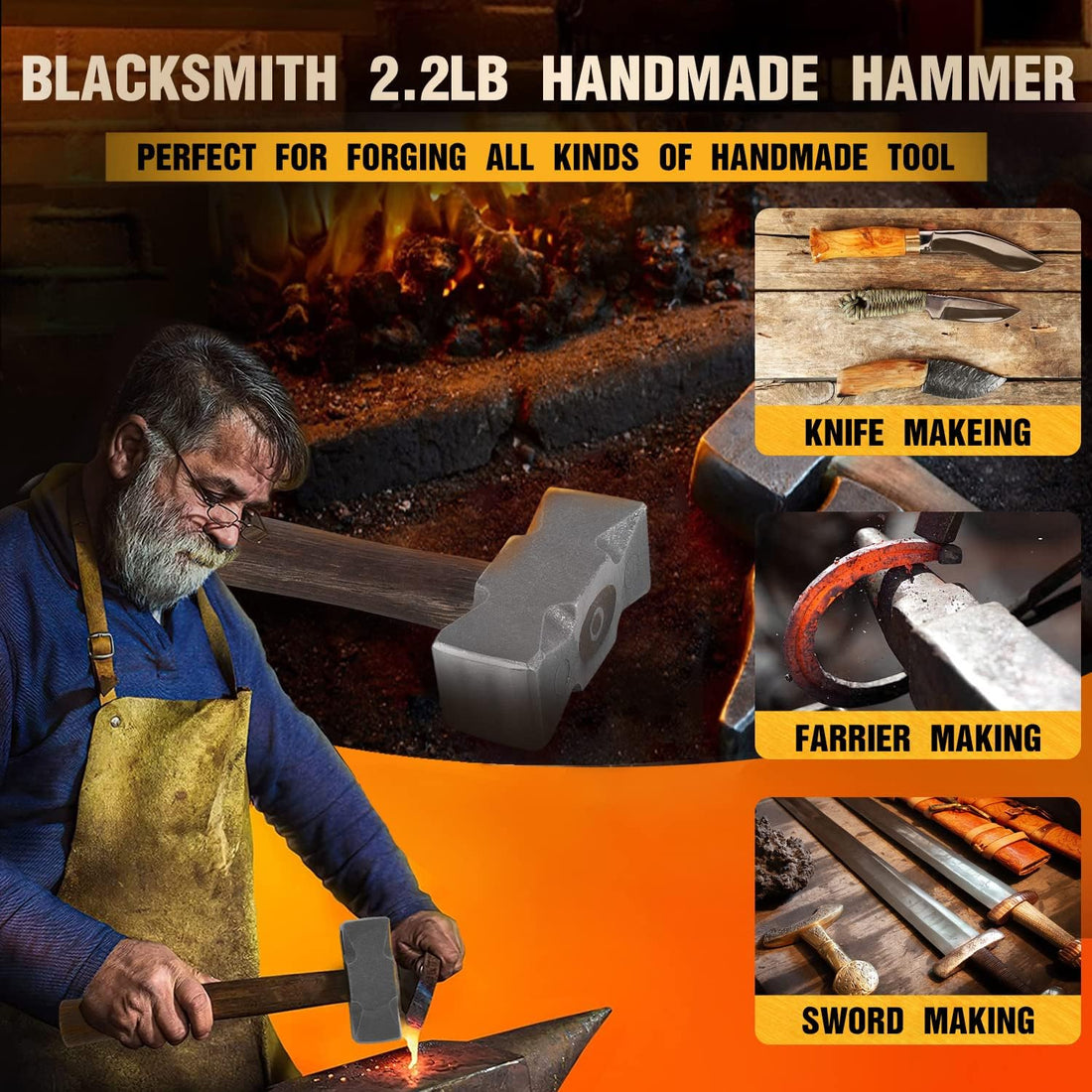 Blacksmith 2.2LB Handmade Square Forge Hammer for Farrier, Knife Maker