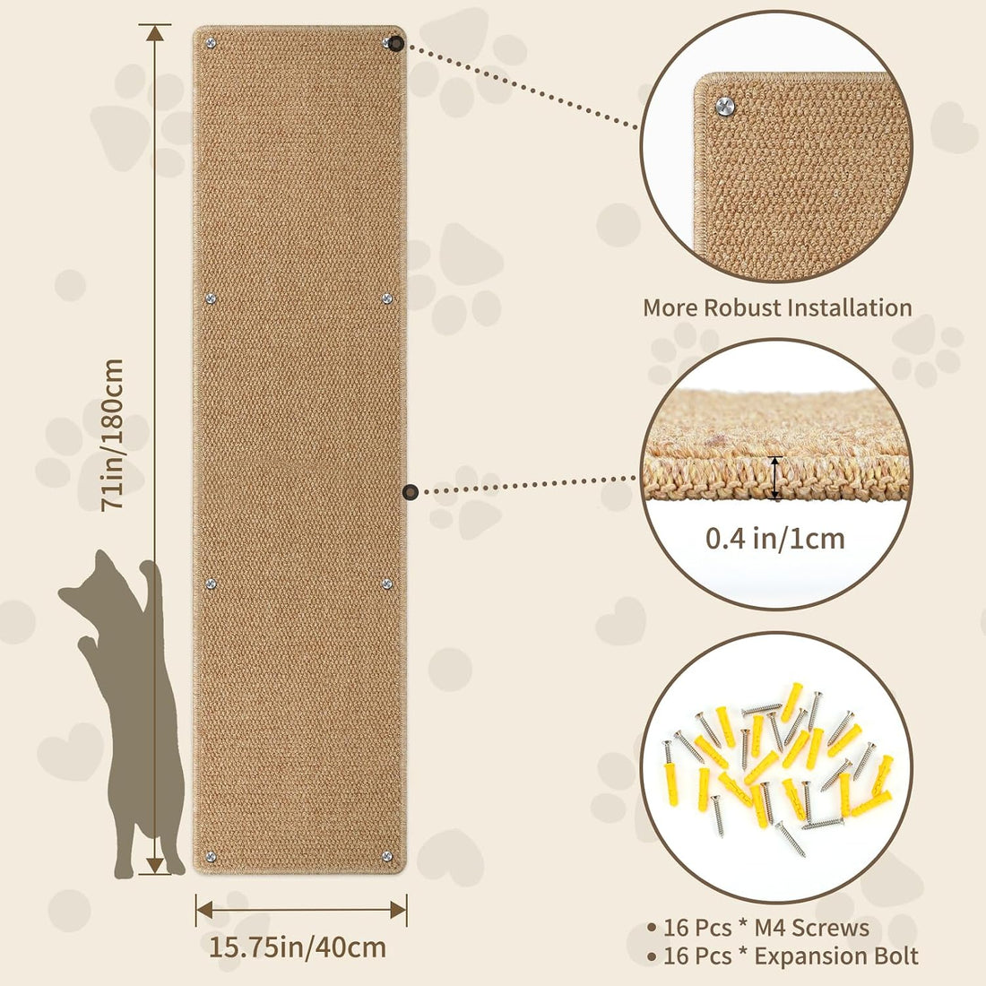 FHTONGE 71x15.8" Thickened Cat Wall Climbing Carpet with 16 Fixed