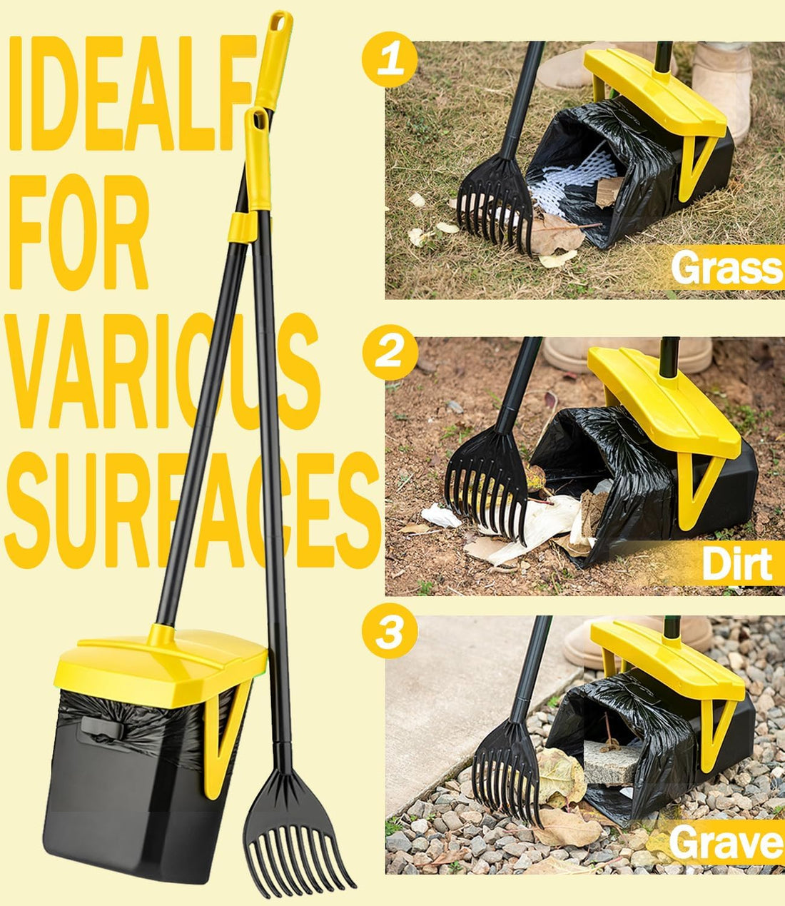 FUSBUNTY Dog Pooper Scooper, Swivel Bin & Rake Set with 100 Bags