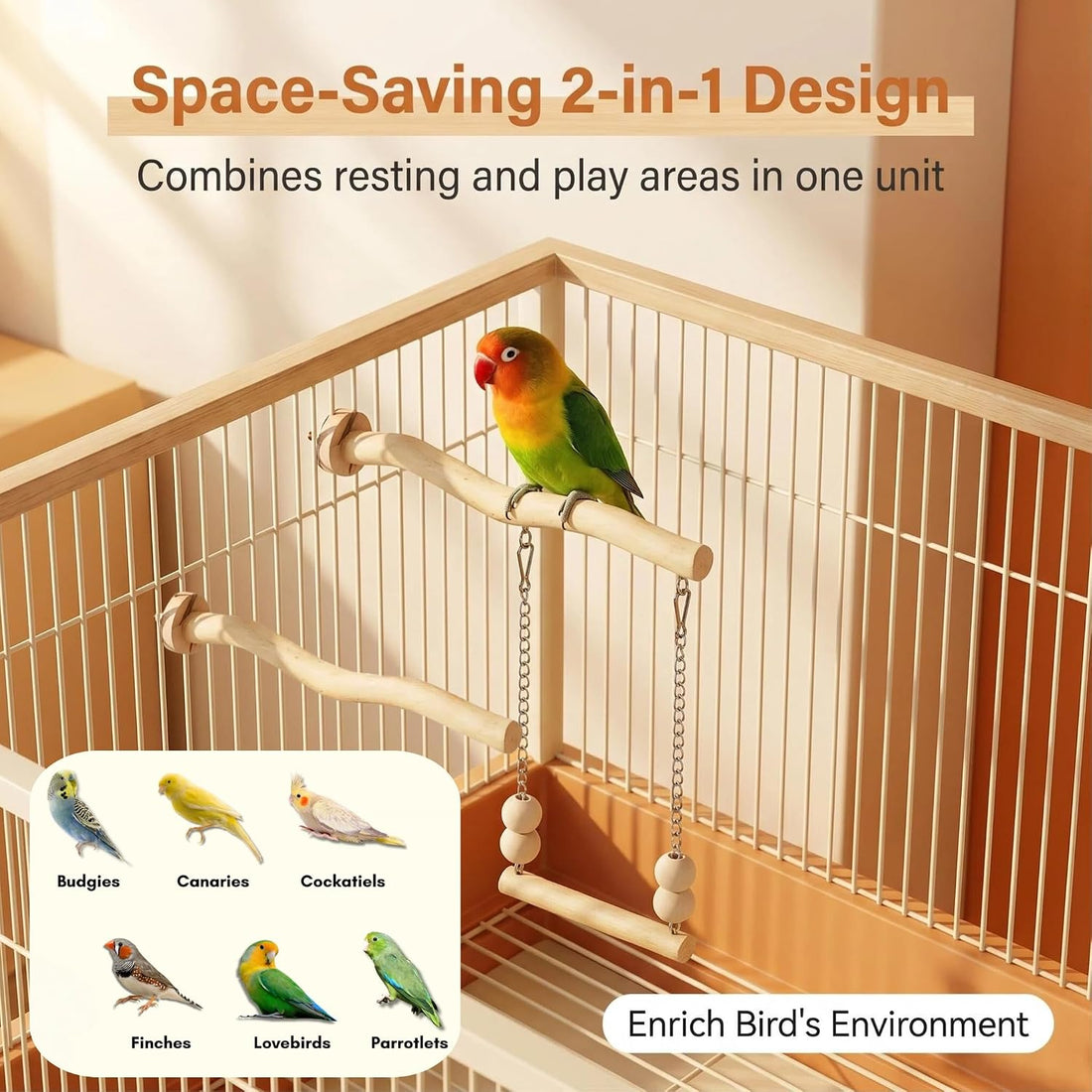 Bird Perch and Swing for Small Birds, Natural Wood Cage Accessories