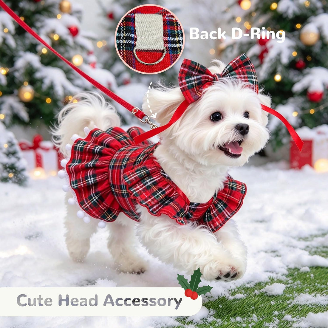 ABRRLO Plaid Small Dog Cat Christmas Dress Outfits with Bow & Leash