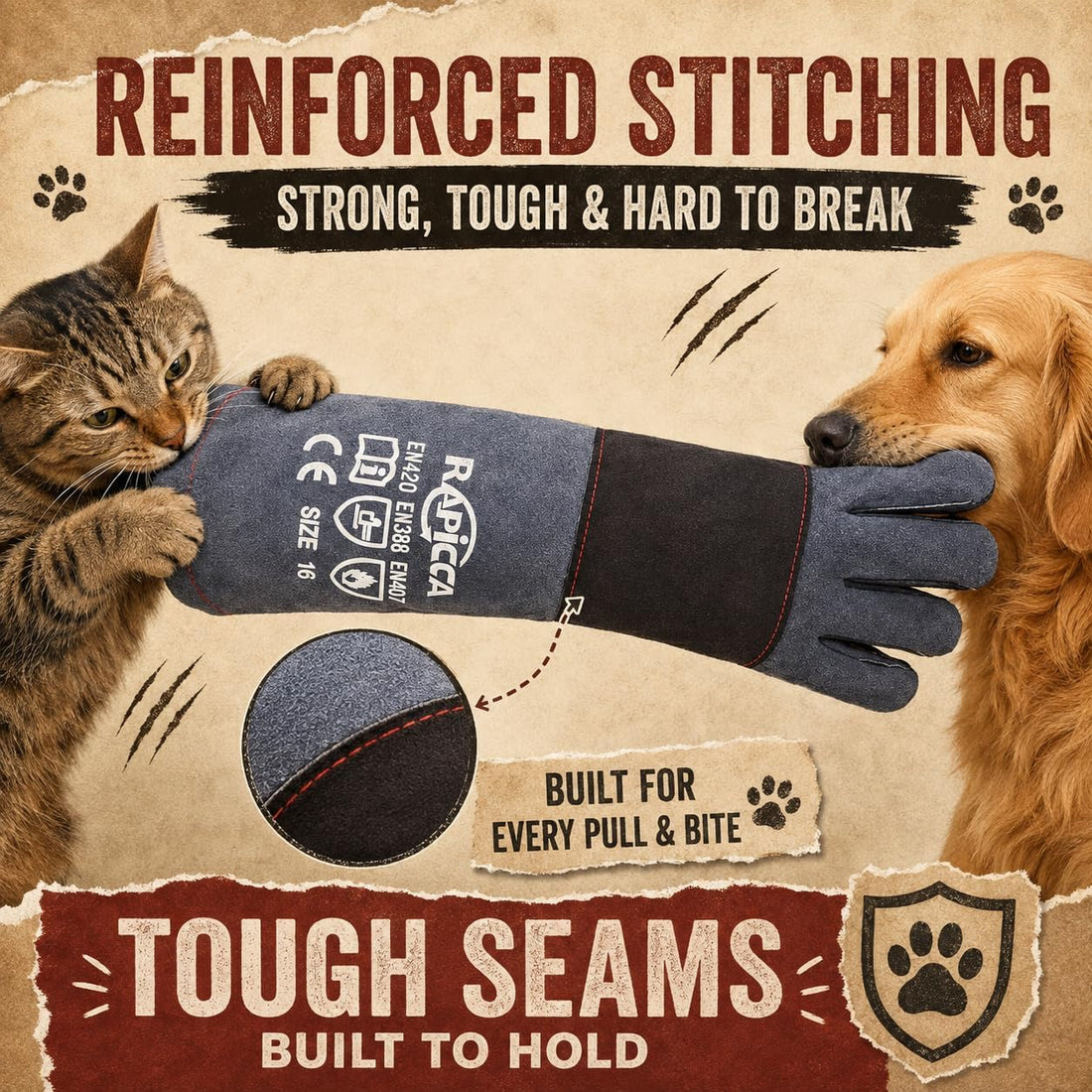 RAPICCA Animal Handling Gloves, Bite Proof Double Leather