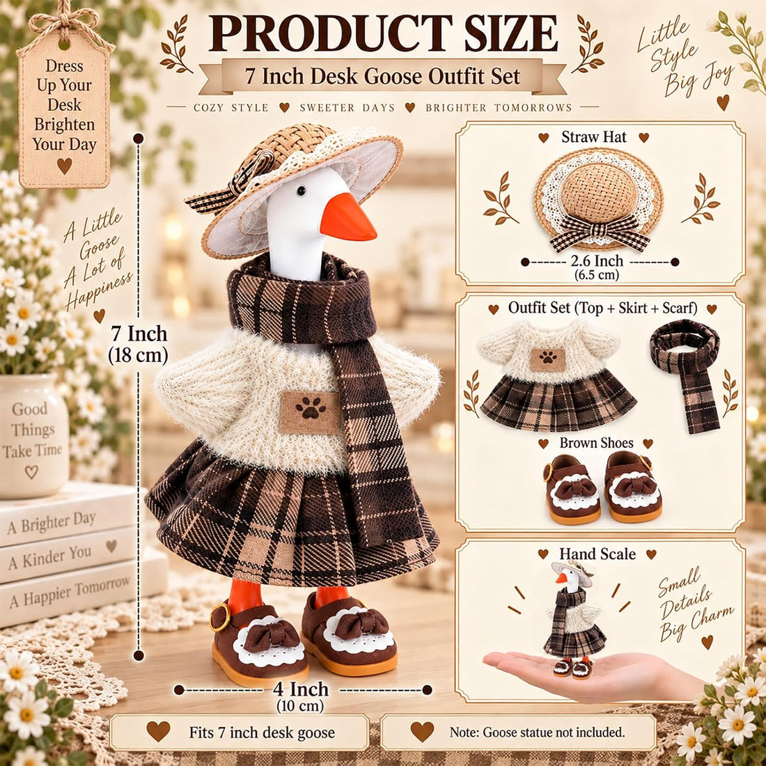 7inch Desk Goose Outfits, Mini Desktop Goose Clothes with Straw Hat