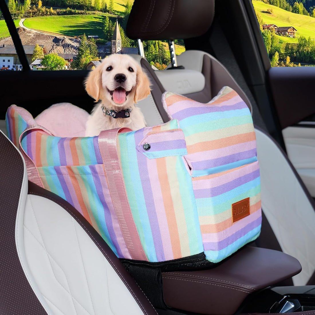 Console Dog Car Seat for Small Dogs to 15lbs (Black& White Stripes)