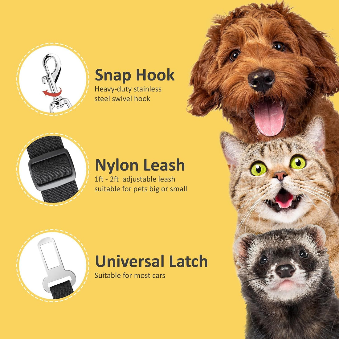 SunGrow Dog Seat Belt for Car, Adjustable Nylon Pet Seatbelt