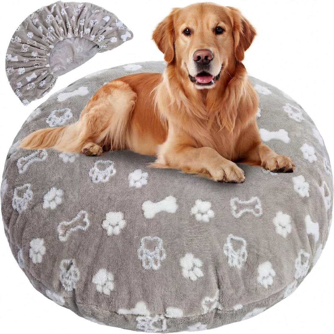 Oudain Washable Round Dog Bed Cover 30 x 30 x 10 Gray Paw Bone Prints