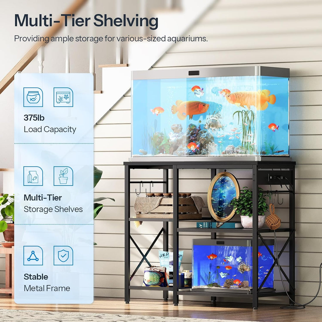HOOBRO Fish Tank Stand with Power Outlet and LED Light, Aquarium Stand