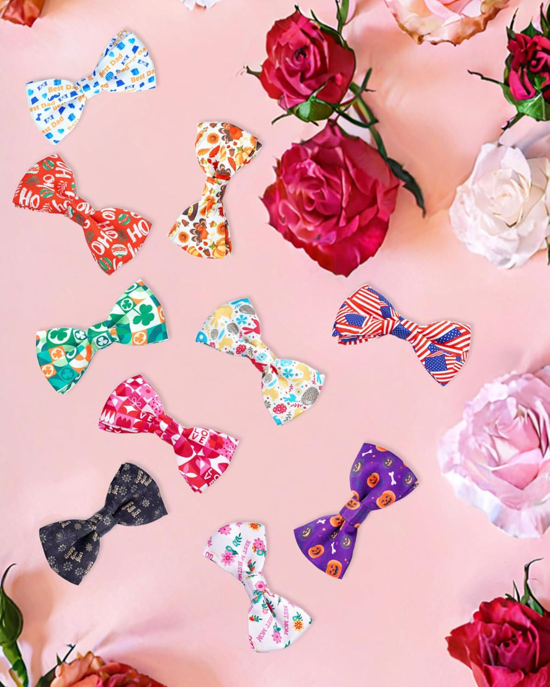 PET SHOW 10 Pack Holiday Large Dog Bowties Sliding on Collar