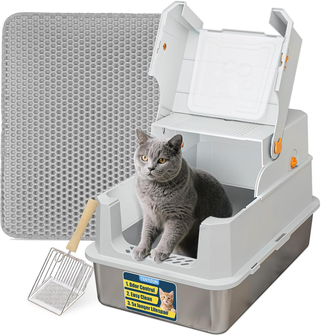 TENTIZON Stainless Steel Cat Litter Box with Lid
