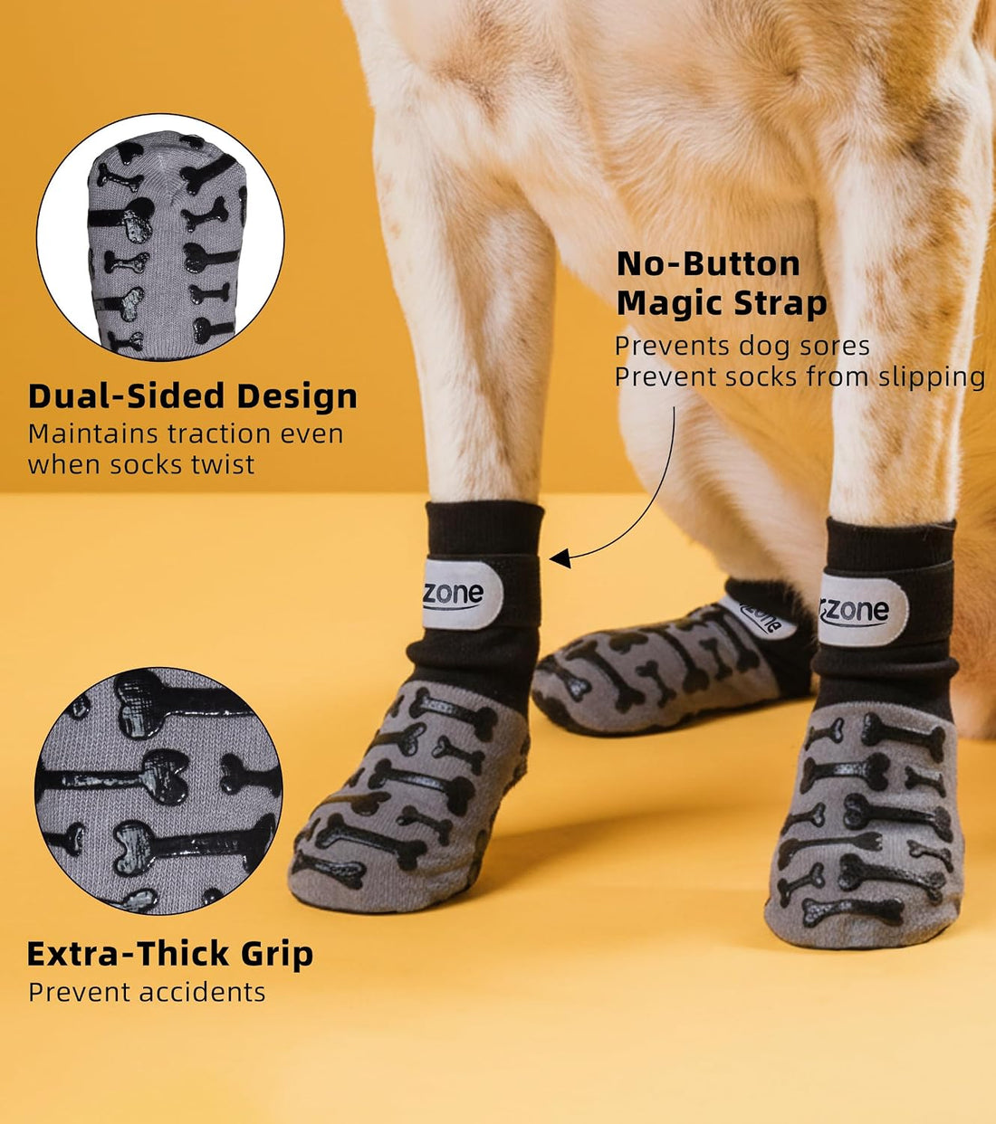 Non-Slip Dog Socks with Bone Paw Grips, 6 Pairs, Grey, L