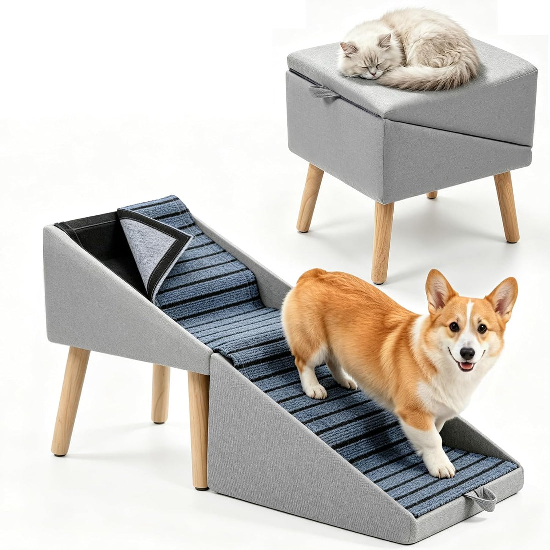 Step Stool Dog Ramp, Foldable 2-in-1 Ottoman Pet Stairs for Couch