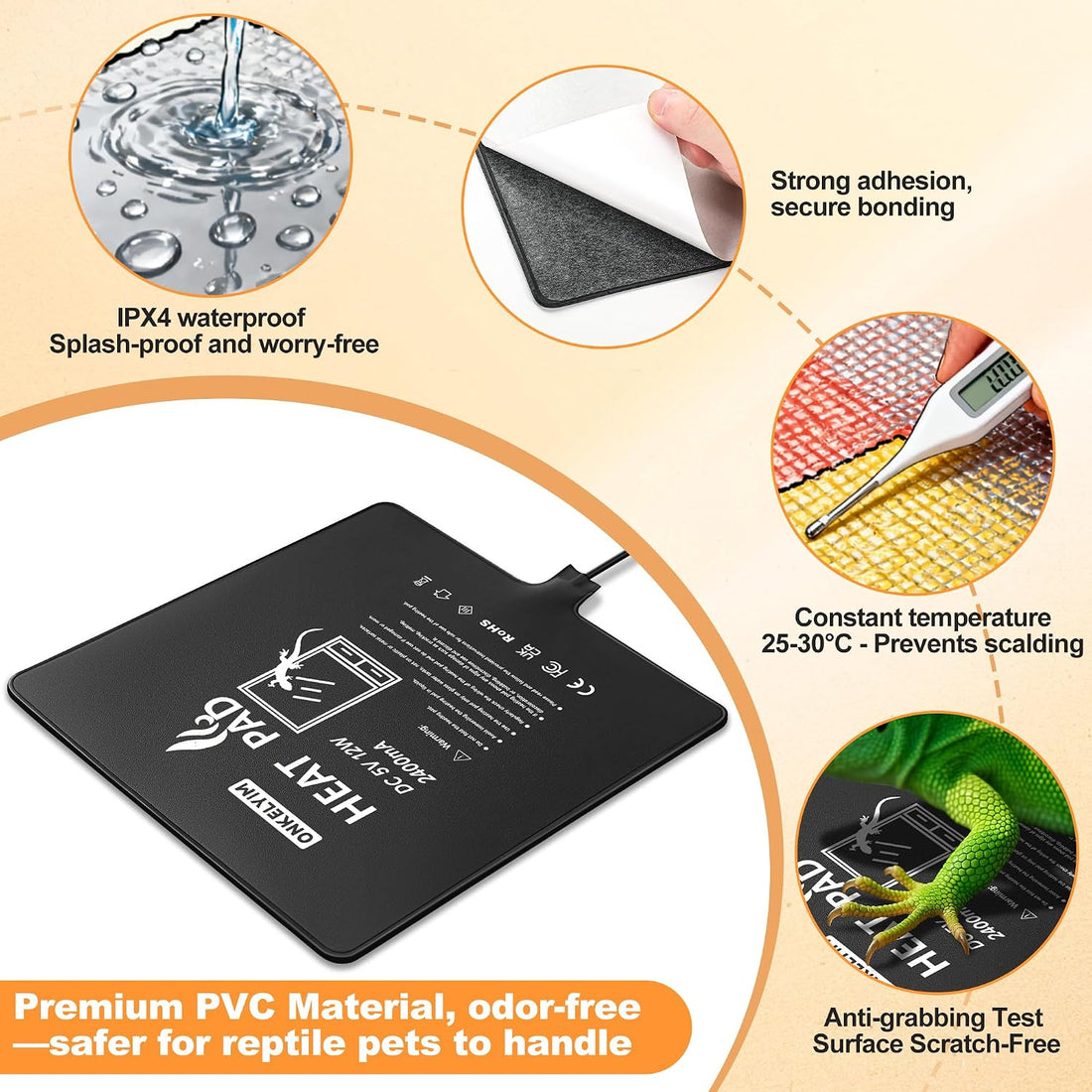 USB Reptile Heat Pad, 8"X8" 12W Heating Mat for Reptiles