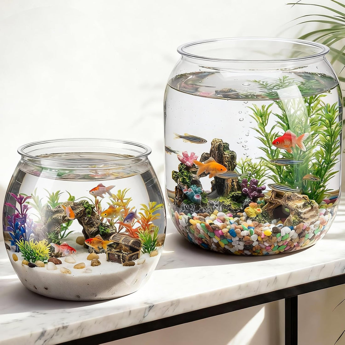 2 Pcs 4 Gallon & 1 Gallon Plastic Fish Bowl Large Round Clear Betta