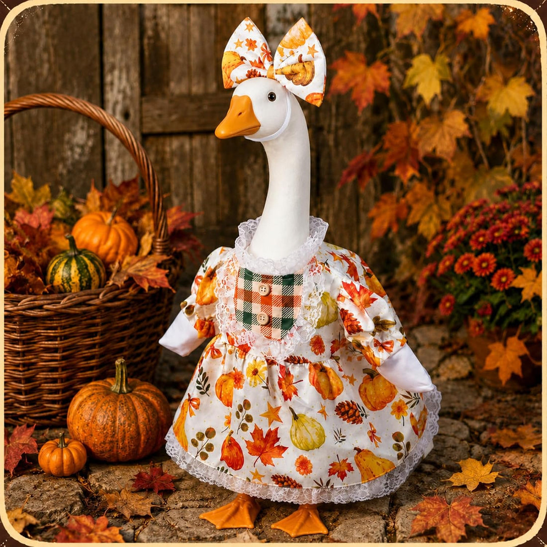 hoyuwak Fall Porch Goose Outfit Autumn Maple Leaf Goose Dress with Bow