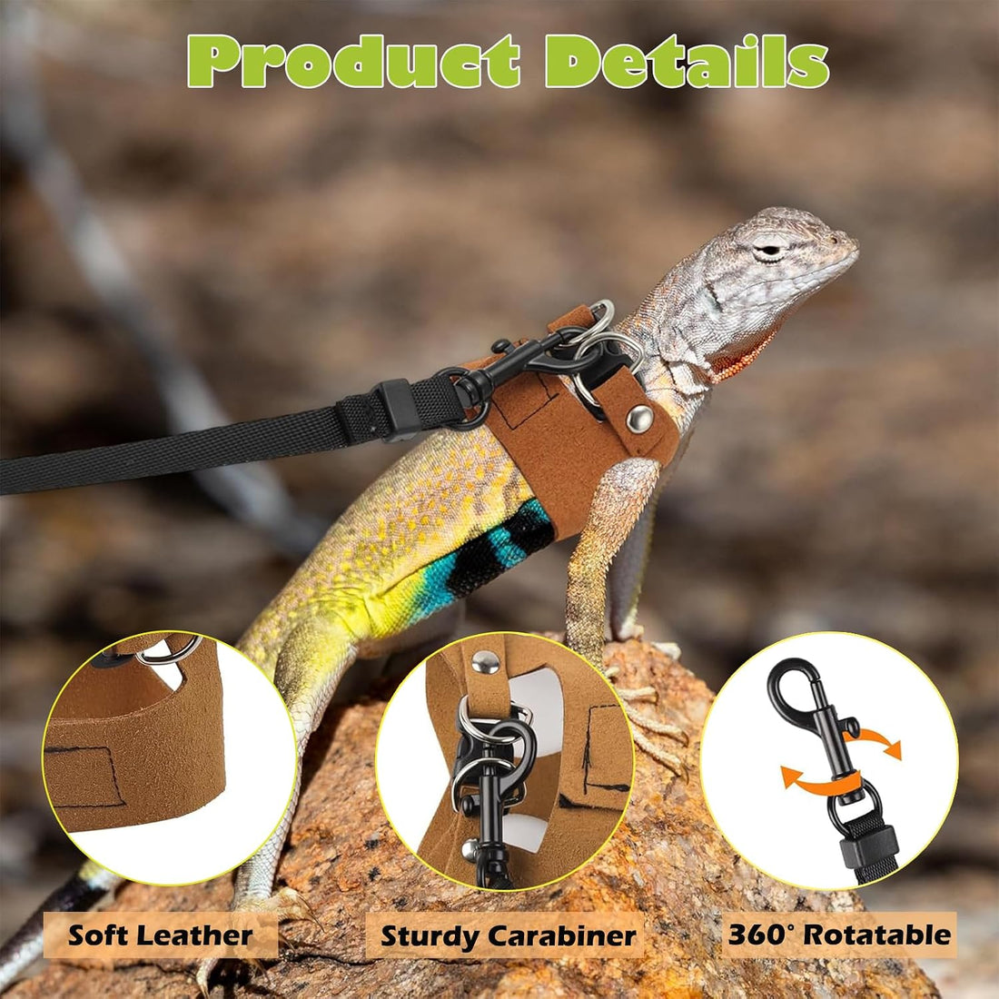 KABASI 3 Size Adjustable Bearded Dragon Harness Leash Set