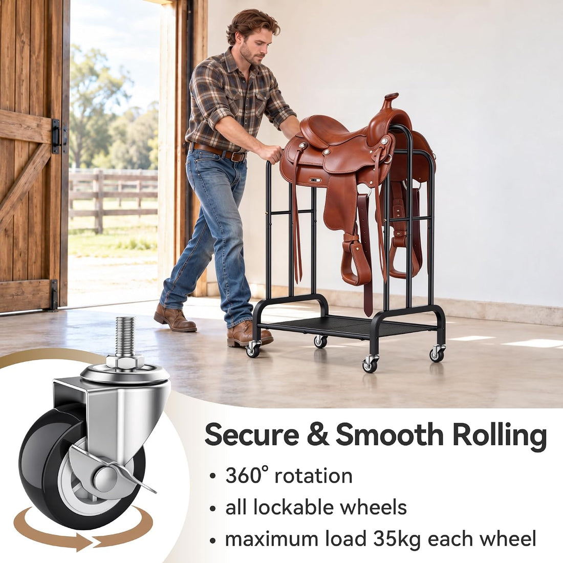 Rolling Saddle Rack Cart, 150 lb Saddle Stand for Western & English