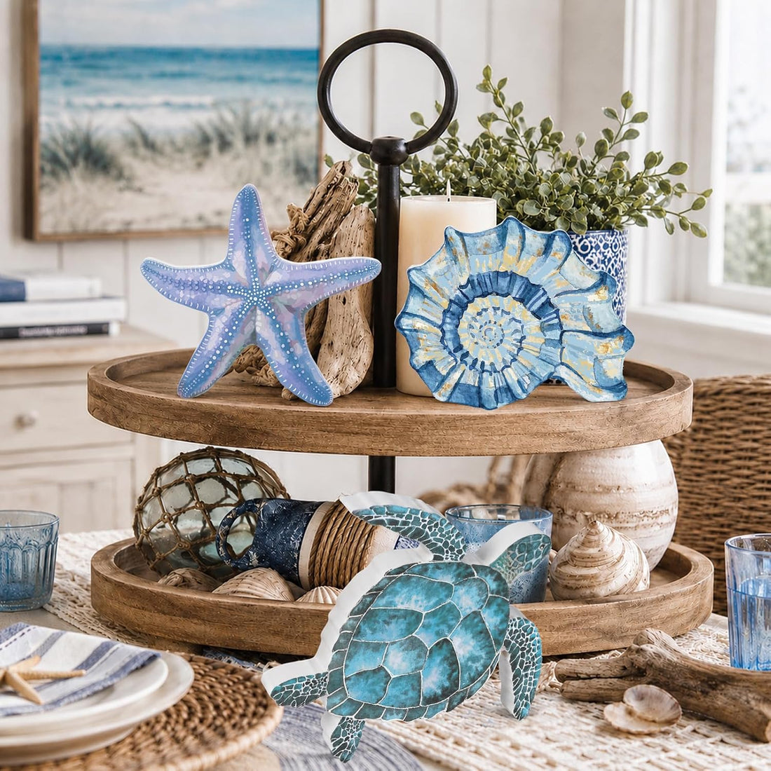 3Pcs Beach Theme Wooden Tabletop Ocean Sea Turtle Conch Decor Signs