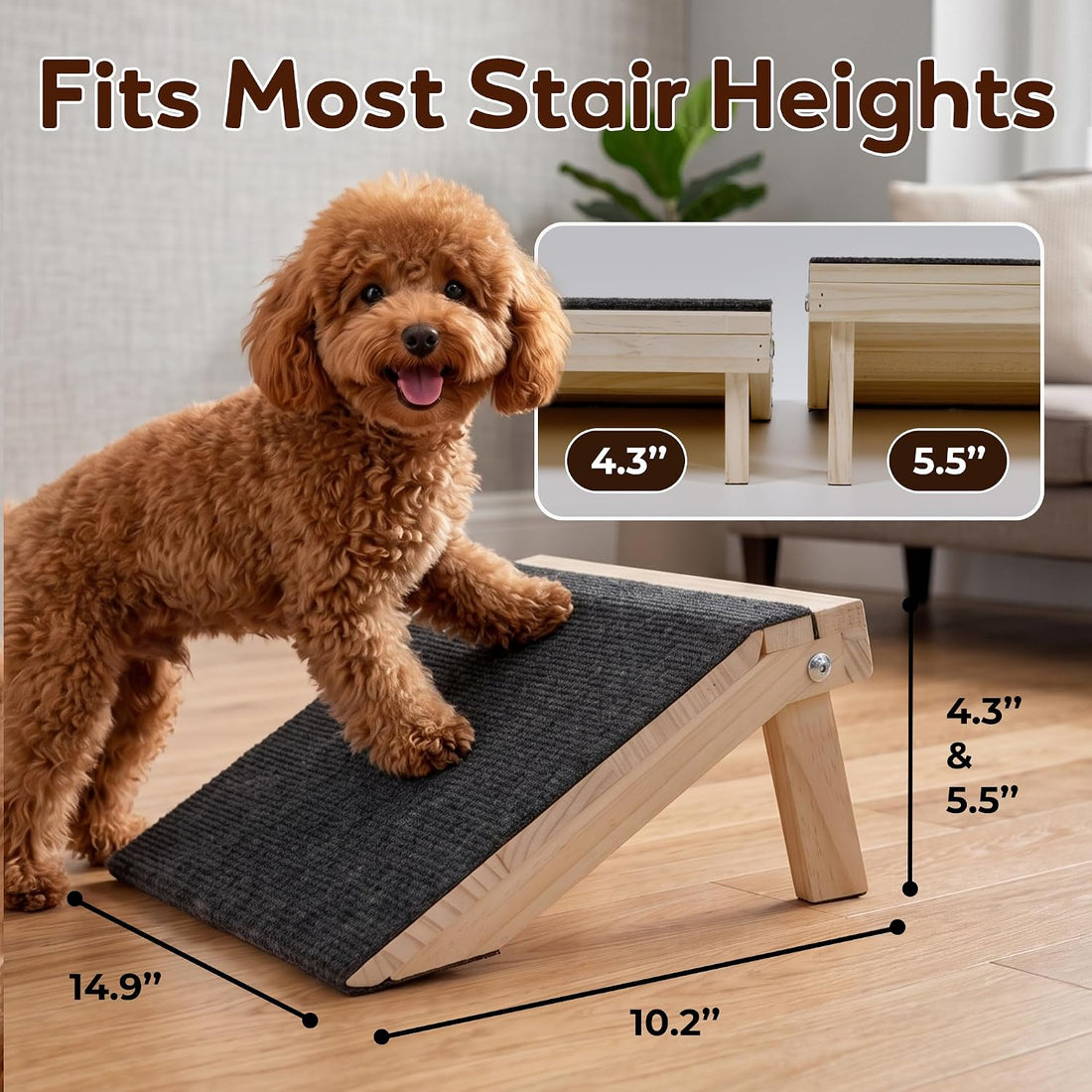 Wooden Dog Ramp for Stairs, 4.3"/5.5" Height Adjustable Pet Ramp