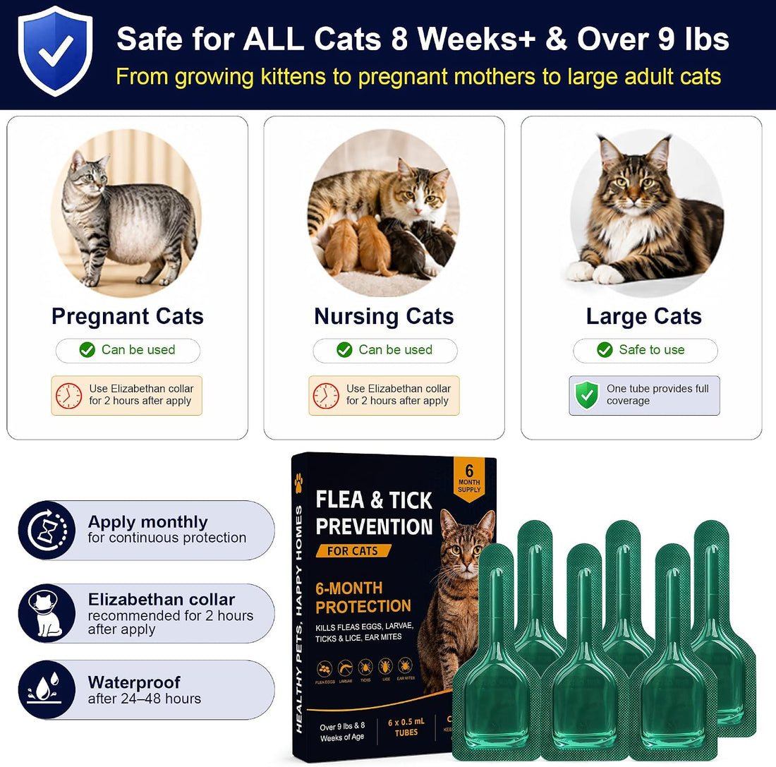 Flea and Tick for Cats, Topical Flea Drops for Cat 9lb+, 6 Pack