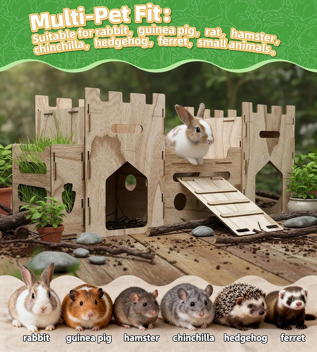 HIIMALEX Large Wooden Bunny Castle Rabbit House Indoor Small Animal