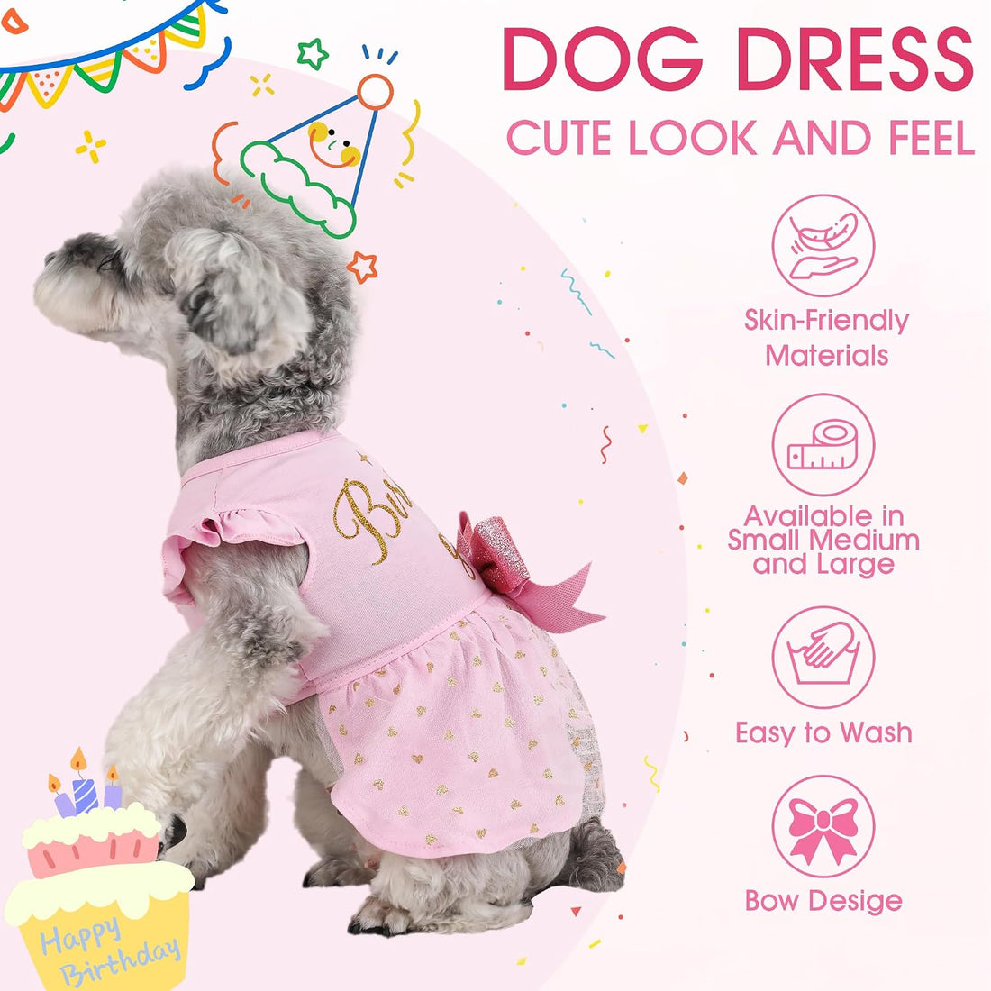 Dog Birthday Girl Dress Ruffle Dog Dress with Sparkly Pink Bowknot