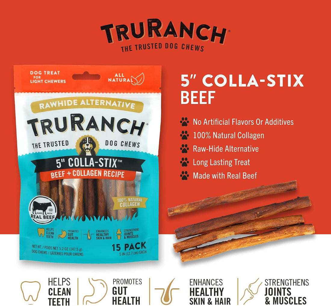 TRURANCH 5" Collagen Sticks for Dogs, Rawhide Free, Beef, 45 Ct