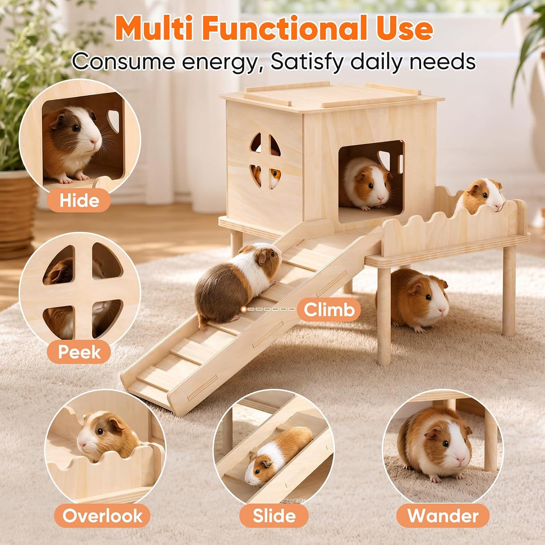 Guinea Pig Hideout, Guinea Pig House & Castle with Ramp, Platform