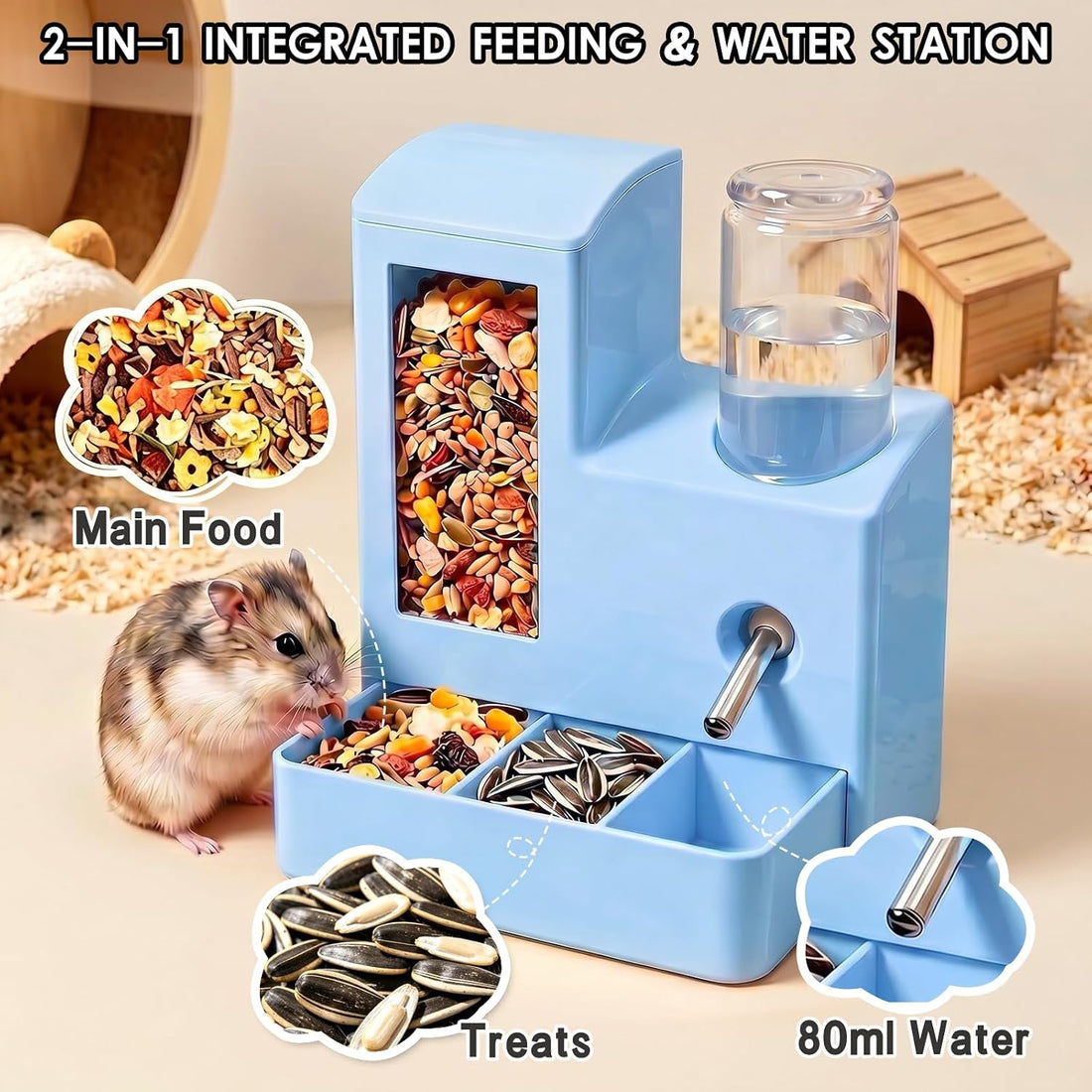 Hamster Water Bottle Feeder, No Drip 2-in-1 Dispenser