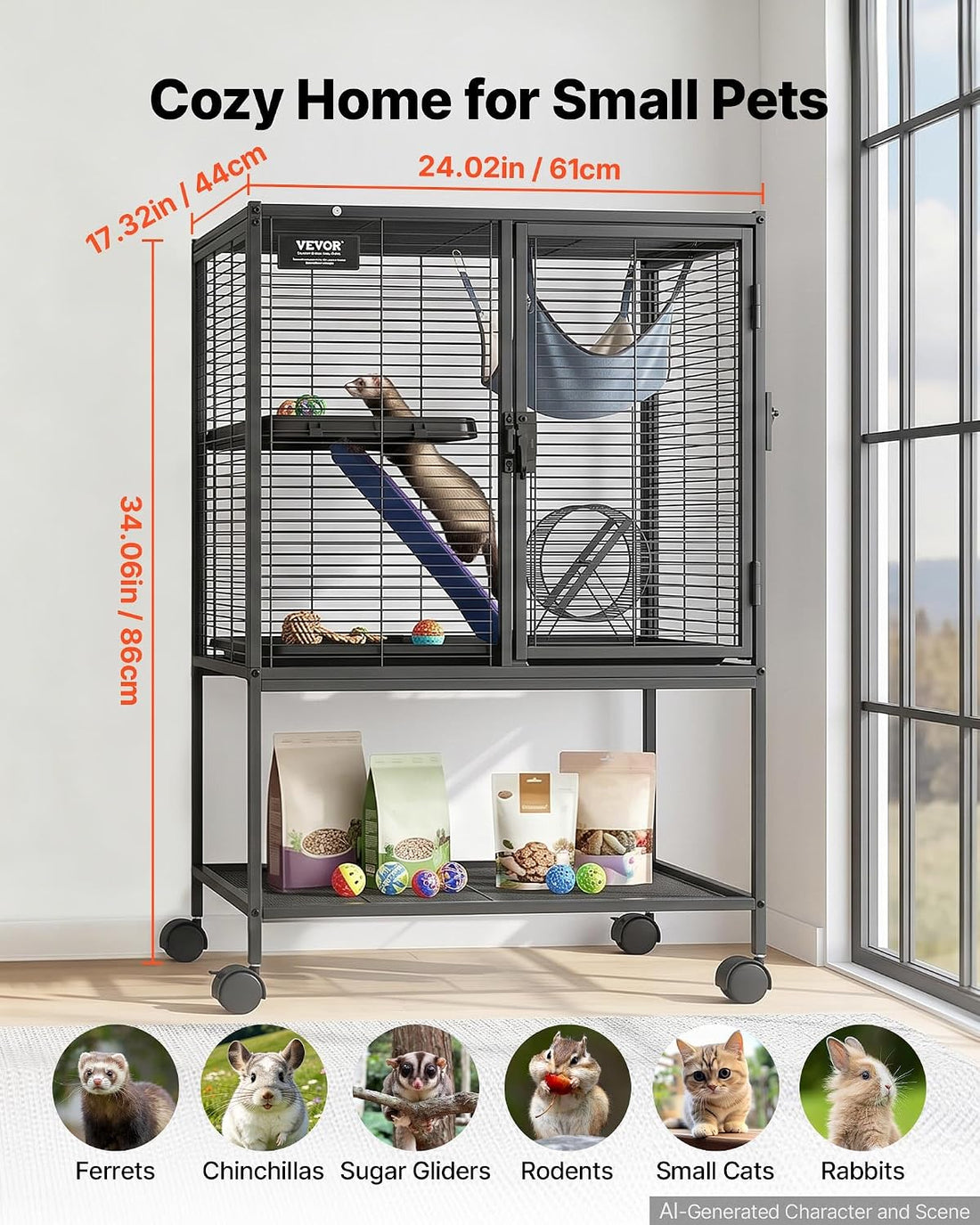 VEVOR Metal Small Animal Cage 34.06"H 2-Tier Rolling Ferret Cage On