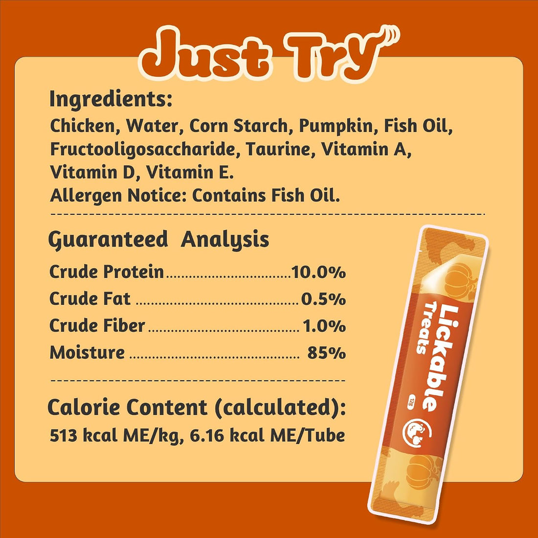 Just Try Pumpkin Lickable Cat Treats with Taurine, 20 Tubes
