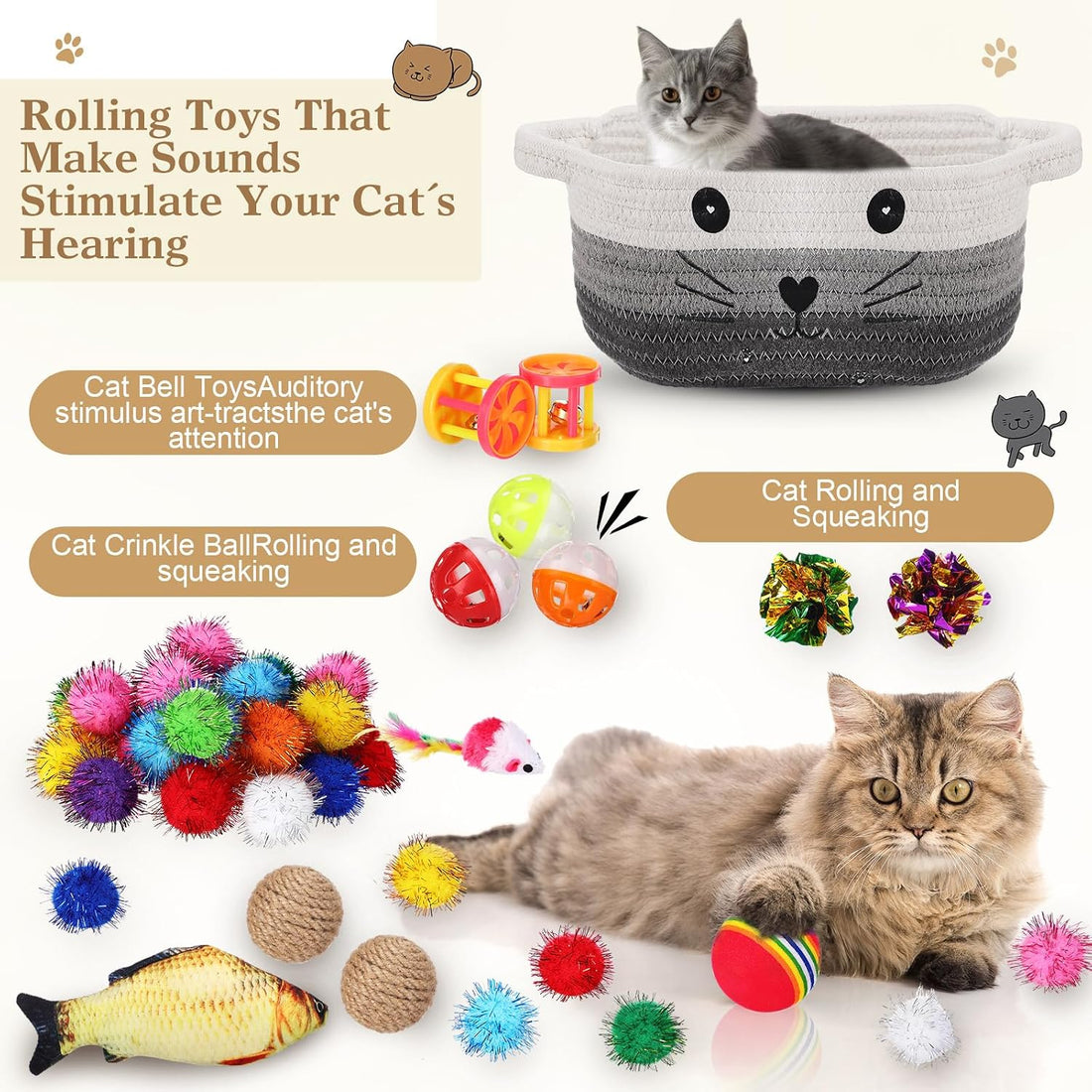 Zopeal 58 Pcs Cat Toy Set with Storage Basket Indoor