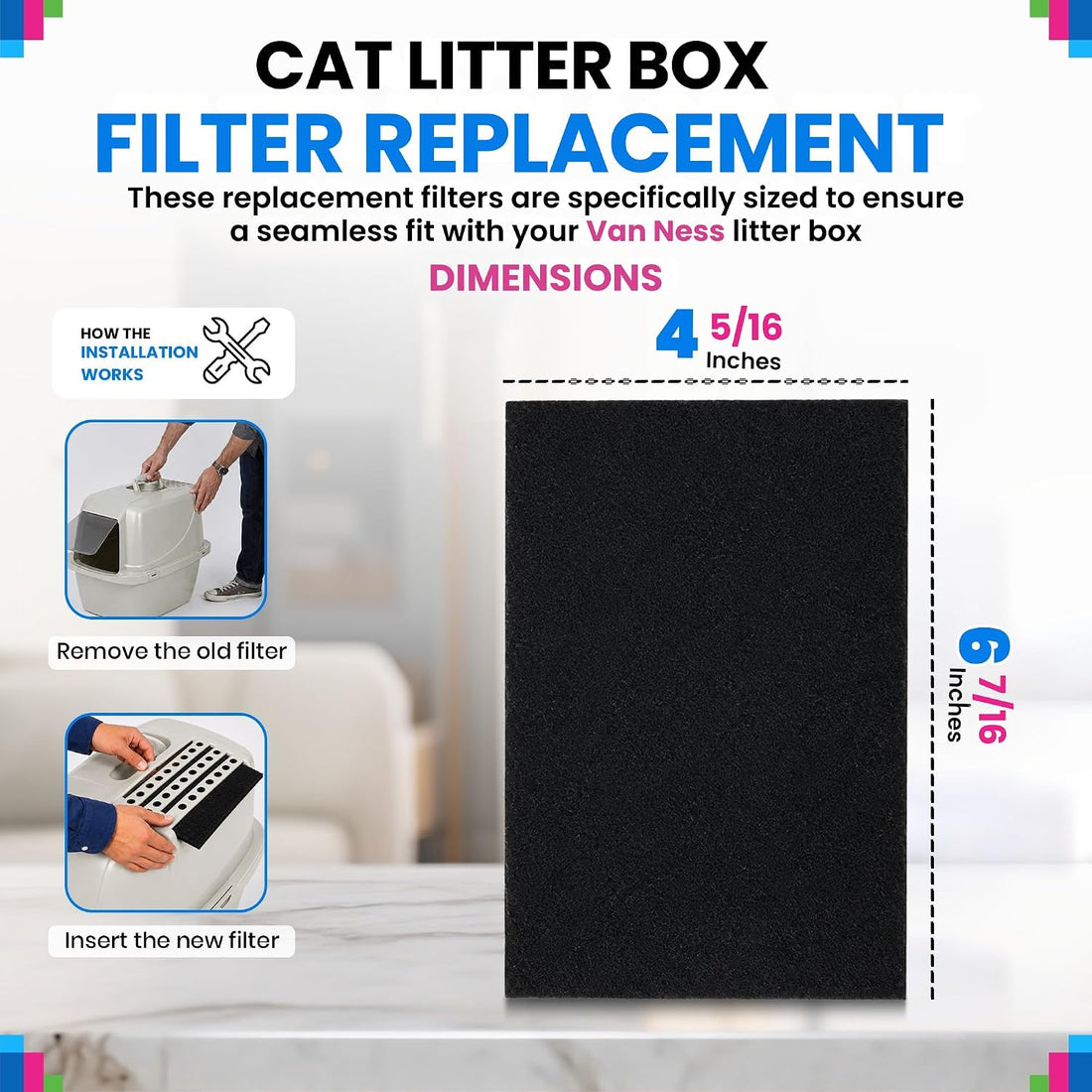 Bagean Litter Box Carbon Filter Replacement 4.3" x 6.45" Fits Van