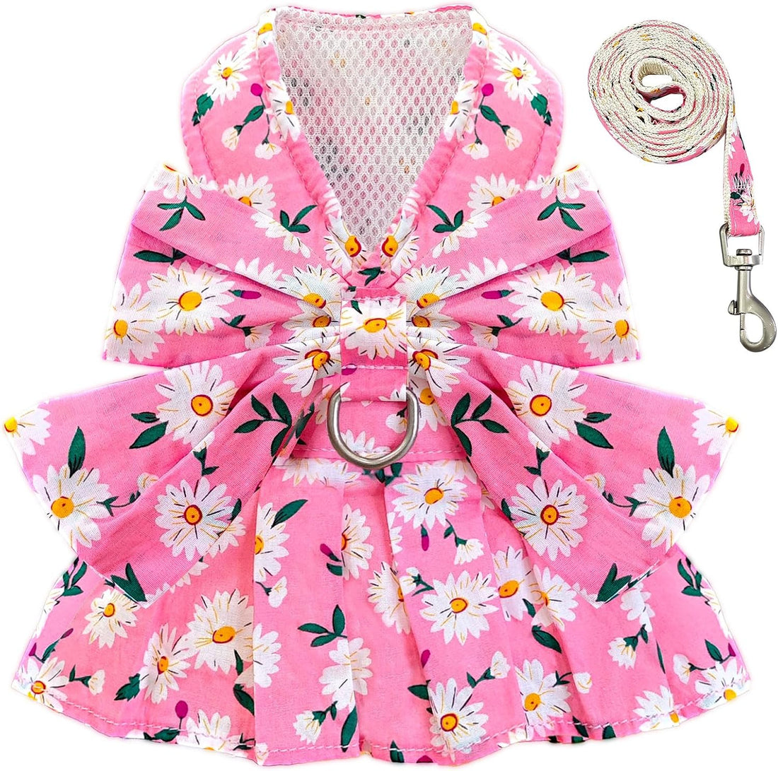BAEJMJK Dog Dress Bowknot Harness Leash Set for Small Dogs Cats Daisy