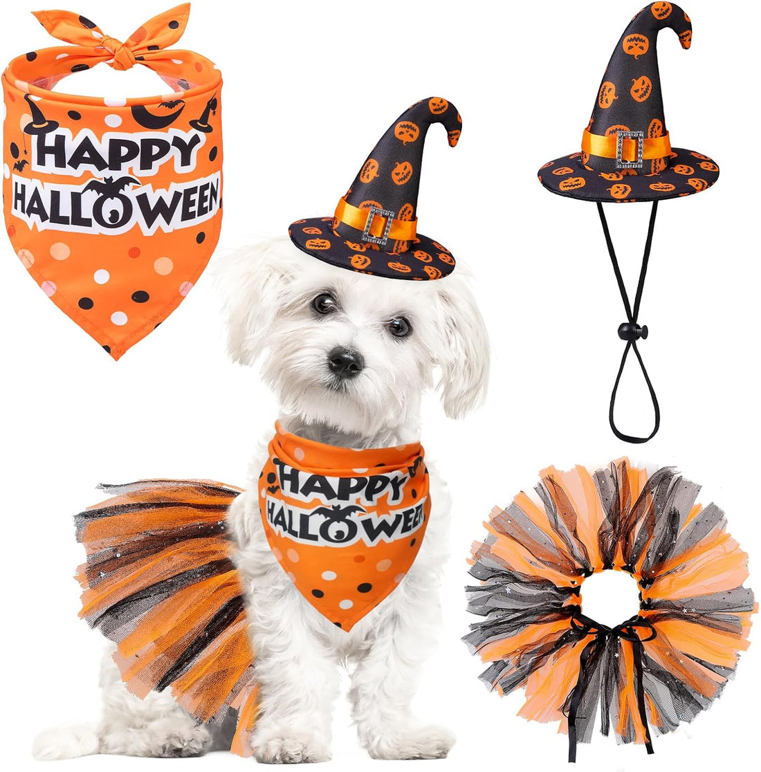 SCENEREAL Small Dog Halloween Costumes, Bandana Hat Dress Set