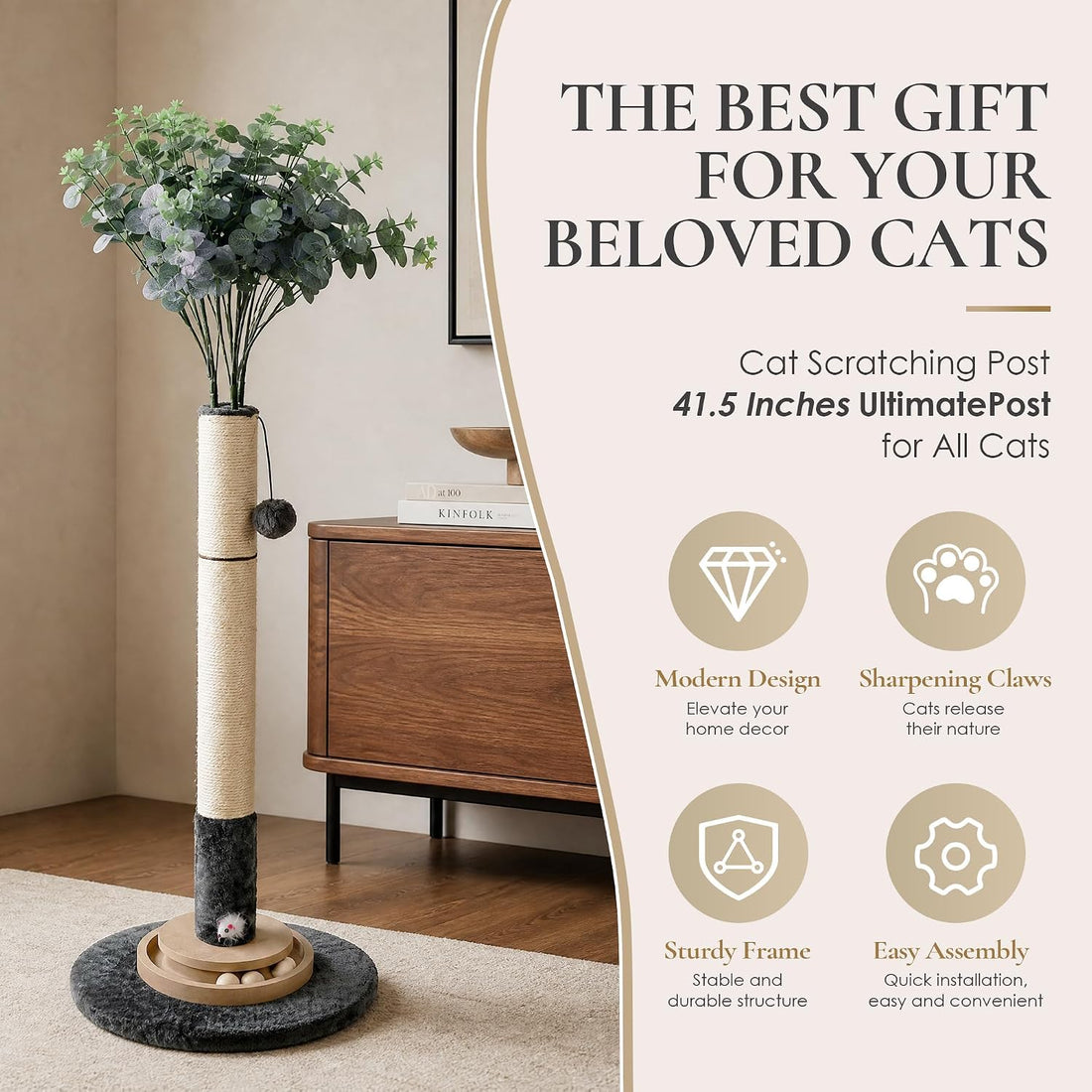 47" Cat Scratching Post, Nature Sisal Rope Cat Scratcher Tree
